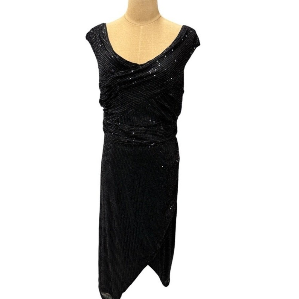 "JASAMBAC" Black Sequins Dress,Asymmetrical Hem, Sleeveless, Scoop Neck,Goth, - Picture 3 of 15